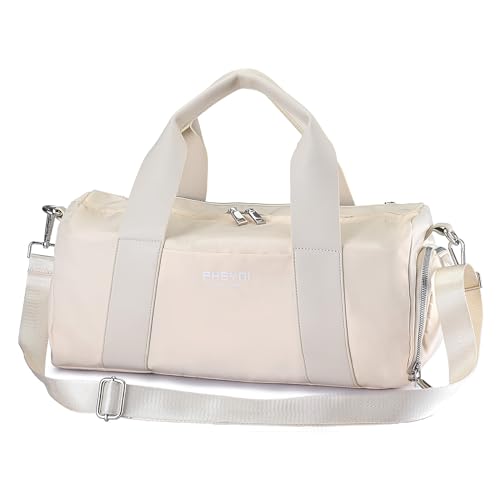 PHSYNI Compact Sports Gym Bag for Women, Cute Mini Duffle Bag with Wet Pocket & Shoes Compartment, Personal Item Travel Workout Bag, 16"-Small, Beige