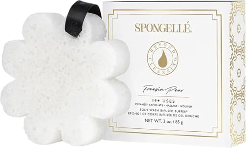Spongelle Wild Flower Buffer Body Scrubber Bundle with Box | Bath & Shower Loofah for Women | Exfoliator with Body Wash Infused | 14+ uses (Bulgarian Rose, French Lavender, Freesia Pear)