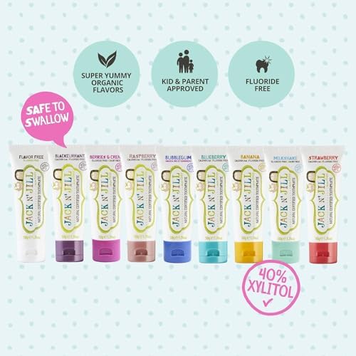 Jack N' Jill Natural Toothpaste for Kids - Fluoride Free Toothpaste, 40% Xylitol, BPA Free - Strawberry & Blueberry, 1.76 oz (2 Pack)