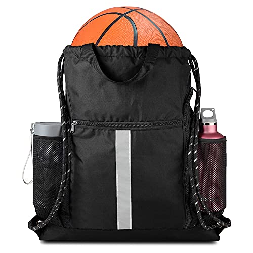 BeeGreen Moss Green Drawstring Bag Pack Sport Cinch Sack with Shoe Compartment and Two Side Mesh Pockets Heavy Duty Gym String Backpack for Unisex