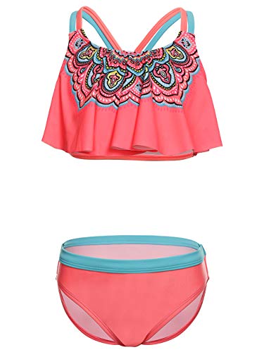 Girls Ruffle Bikini Swimsuits, Red Two Piece Swimwear High Waisted Floral Print Bathing Suits with Brief, Size 7 8