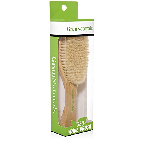 GranNaturals Soft Bristle Hair Brush - Curved Boar Bristle Vintage Style Hairbrush for 360 Waves, Sleek Slick Back Ponytail & Bun, Smoothing, Fades for Women & Men - Wooden Handle