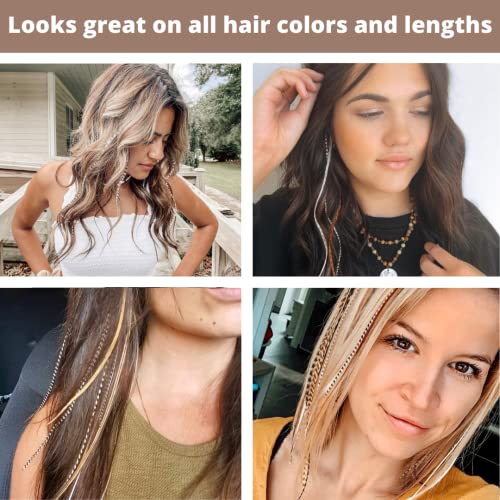 Hair Feathers Kit, 20 Beautiful Feathers for Hair, Brown Black White Long Feather Extensions with beads and loop tool, 100% Real Rooster Boho Soft Natural Feather Accessories