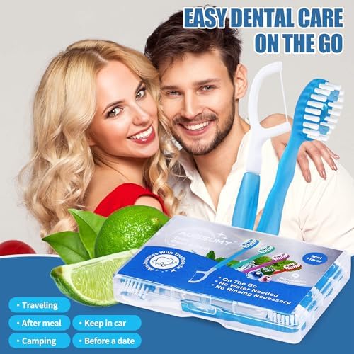 36 Pack Mini Disposable Toothbrushes – 5-in-1 Prepasted Travel Toothbrush with Toothpaste Floss & Pick for Hotel Camping Flight Car Guest Use – 9ct per Portable Case Essentials for Women Men Kids