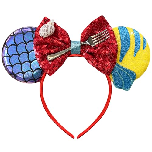 Mermaid Mouse Ears Headband for Women, Fish Scales Mouse Ears Sequin Bows Headband Mouse Ears for Adult Park Ears