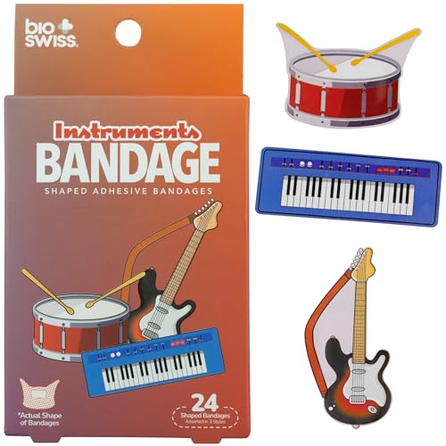 BioSwiss Bandages, Musical Instruments Shaped Self Adhesive Bandage, Latex Free Sterile Wound Care, Fun First Aid Kit Supplies for Kids and Adults, 24 Count