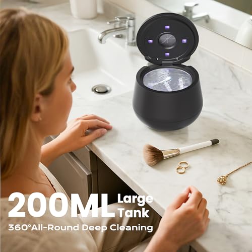 45kHz Ultrasonic Retainer Cleaner, 200ML Dental Cleaning Pod for Dentures, Mouth Guards, Braces, Aligner, Toothbrush Jewelry and More, UV Denture Cleaner with 4 Modes & Digital Timer