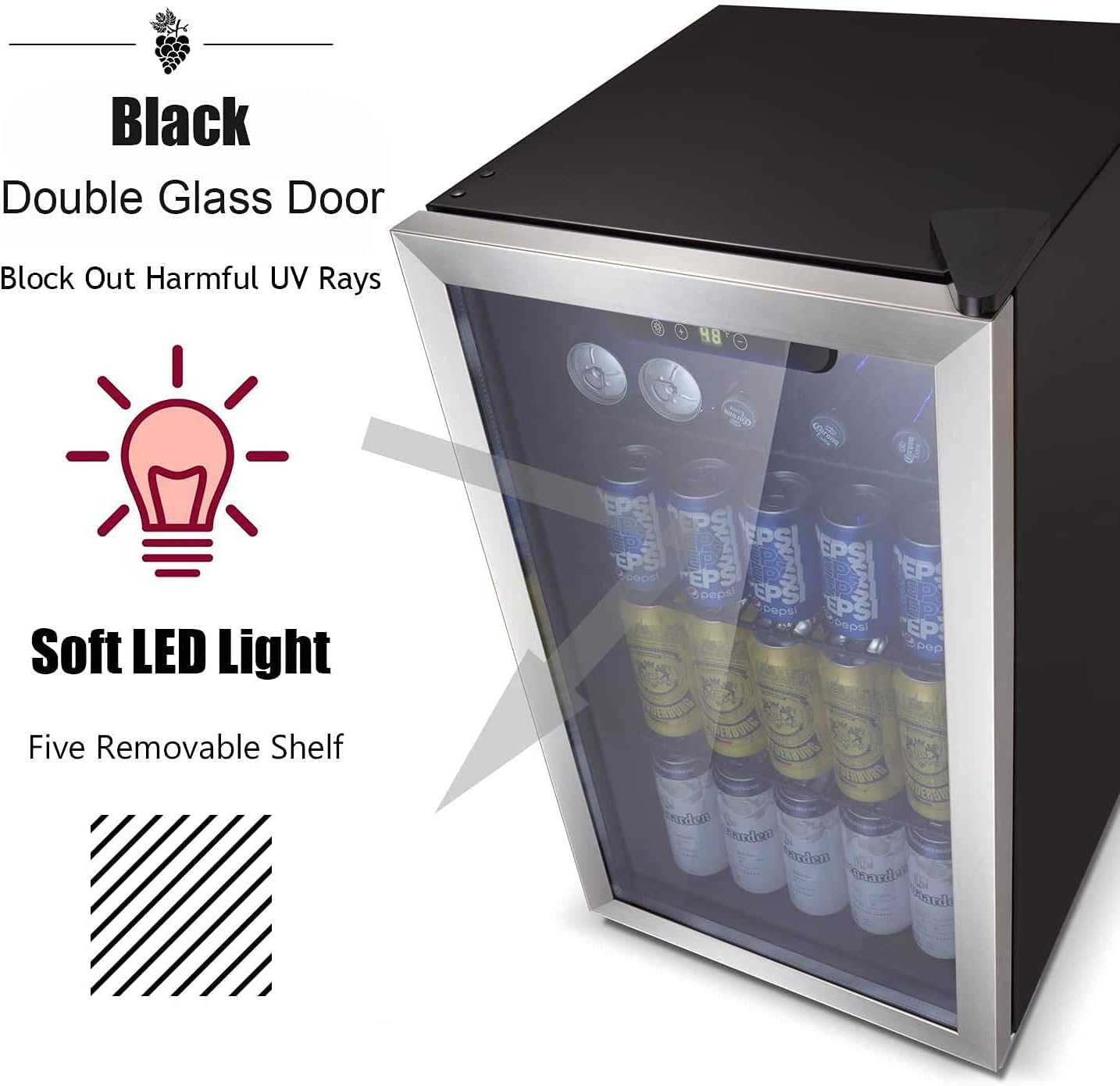 Antarctic Star Beverage Refrigerator -125 Can Mini Fridge for Soda Beer or Wine, Stainless steel door frame, for Office or Bar with Adjustable Removable Shelves, Black, 3.3 Cu.Ft