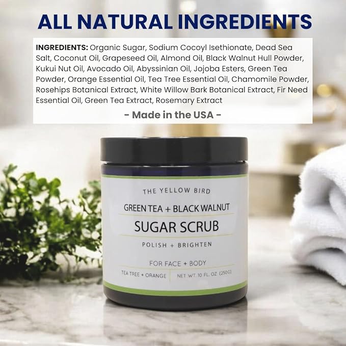 Natural Green Tea Sugar Scrub. Face, Body, and Foot Exfoliator. Helps with Moisturizing, Acne, Celluite, Wrinkles, and Exfoliating Dead Skin.