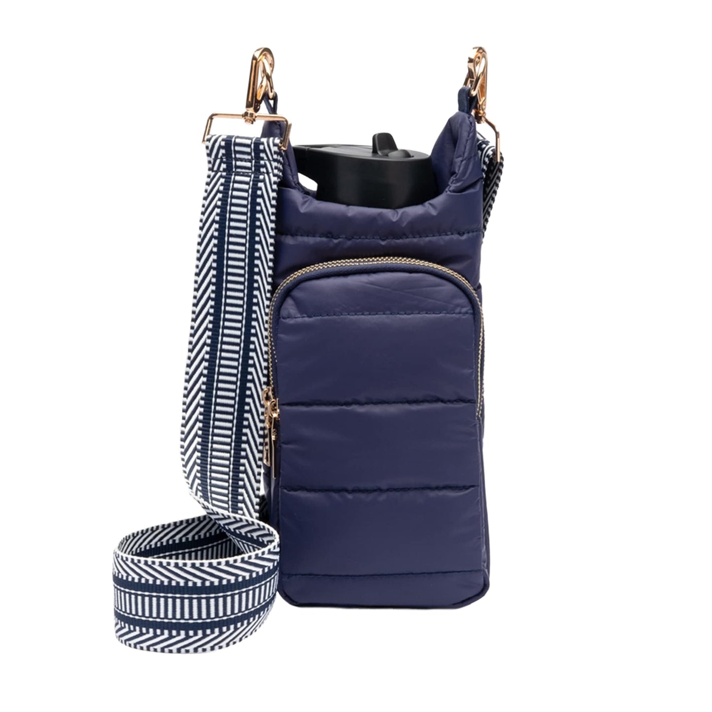 WanderFull Original Crossbody HydroBag | Quilted Water Bottle Carrier | Puffer Tote Tumbler Holder with Pockets for Purse, Phone & Accessories | Carry Travel Essentials (Matte Navy/Patterned Strap)
