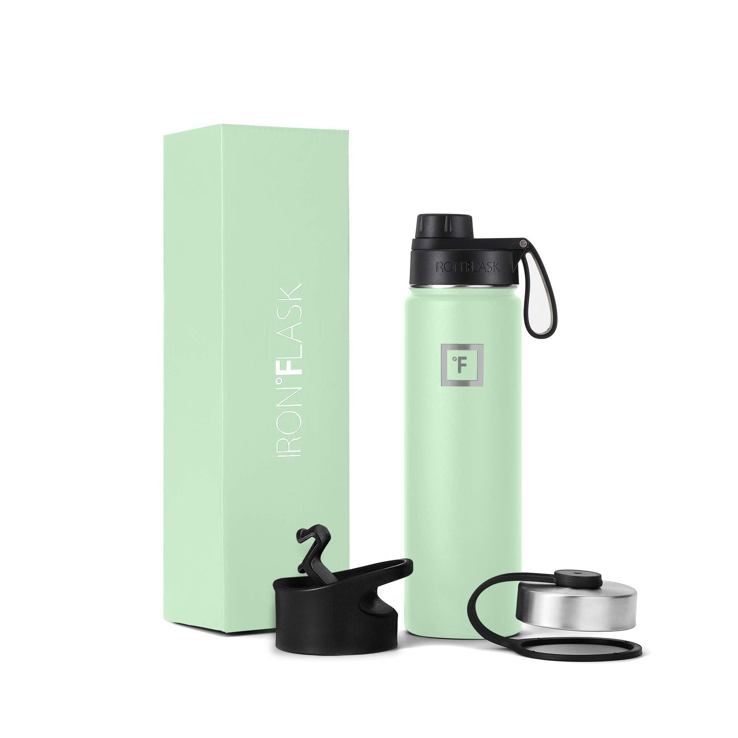 IRON °FLASK Camping & Hiking Hydration Flask, Wide Mouth, 3 Spout Lids, Stainless Steel Outdoor Water Bottle, Double Walled, Insulated Thermos, Metal Canteen - Mint, 22 Oz