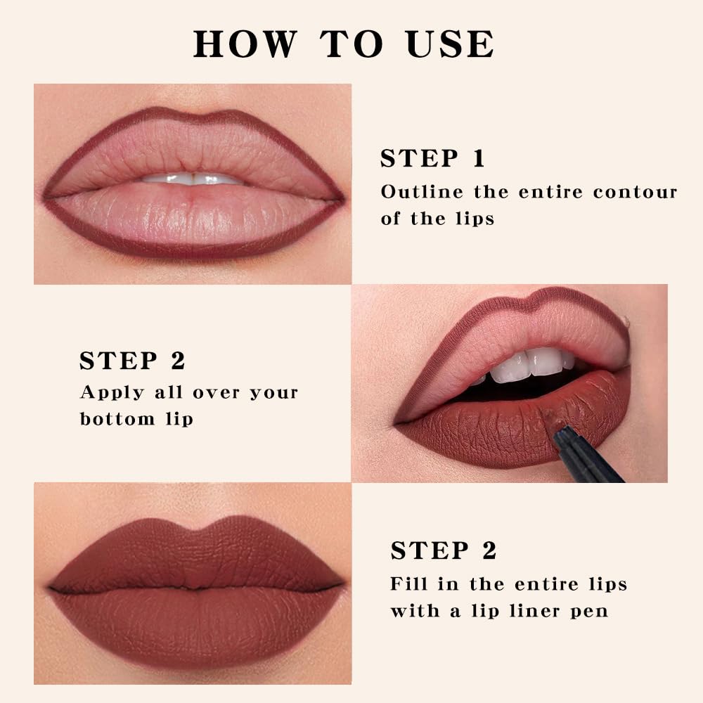 evpct Longwear Liquid Lip Liner Stain Marker Pen Long Lasting Waterproof, Dark Red Matte Semi Permanent 24 Hour Lip Liner and Lipstick Combo, Korean Color Stay Lipliner All Day, Lips Stain peel off