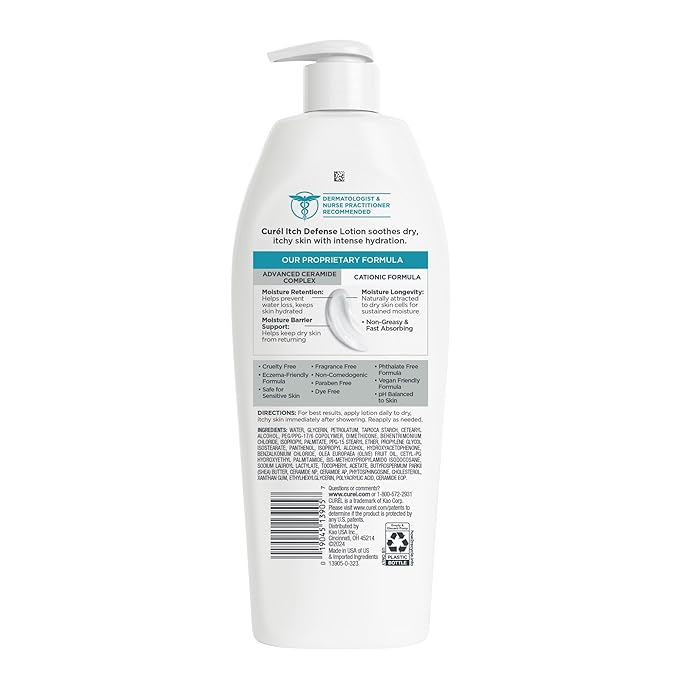 Curel Itch Defense Calming Body Lotion, Moisturizer for Dry, Itchy Skin, Body and Hand Lotion, with Advanced Ceramide Complex, Pro-Vitamin B5, Shea Butter, 13 Oz