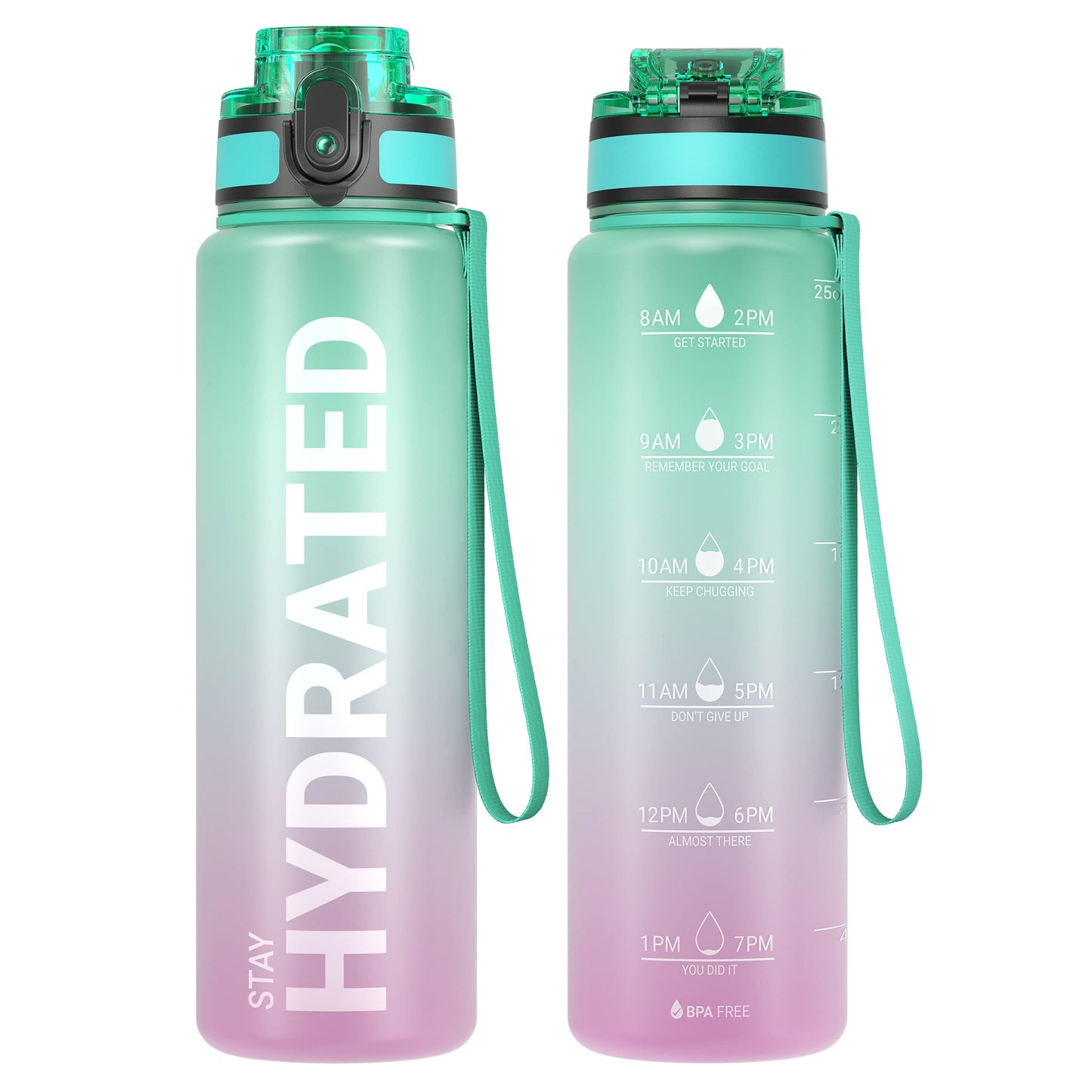 Sahara Sailor Water Bottles, 25oz Motivational Sports Water Bottle with Time Marker - Times to Drink - Tritan, BPA Free, Wide Mouth Leakproof, Fast Flow Technology with Clean Brush (1 Bottle)