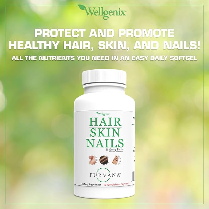 Wellgenix Purvana Hair, Skin, and Nails Vitamin Softgels for High Absorption - Double Strength 2500mcg Biotin, VIT A & B (90 Count) 2 Pack