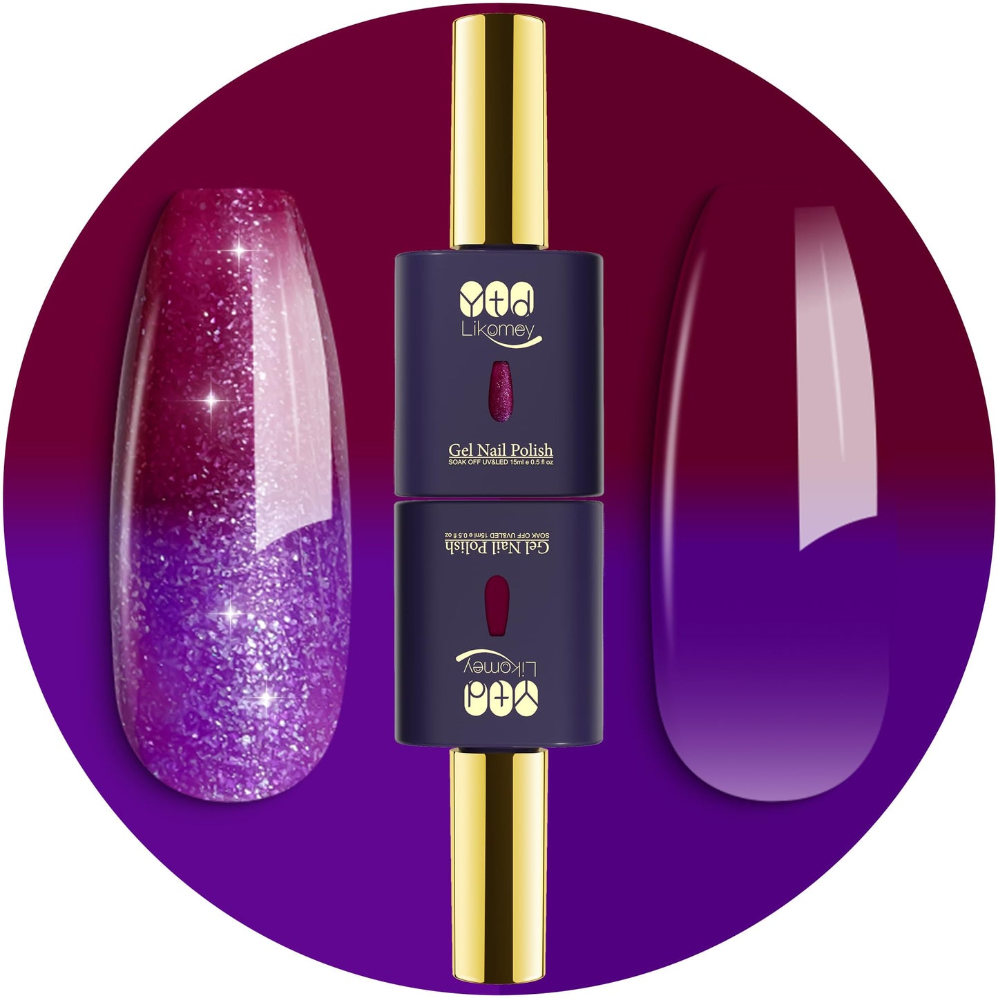 YTD Likomey Gel Polish Set,15ml Color Changing Purple To Dark Wine Red Pure Color and Glitter Nails Gel Kit,Thermal Ombre Change Colors Translucent Salon Manicure UV Varnish,2 Pcs 0.5 Oz,WB2-07