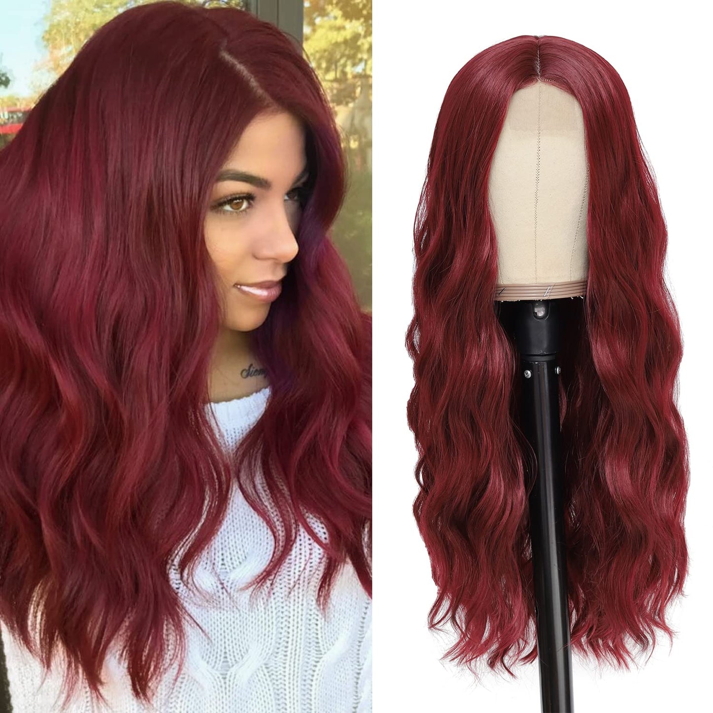 YBYMCAI Long Burgundy Wavy Wigs for Women Wine Red Middle Part Wig 26 inch Natural Looking Synthetic Wig Heat Resistant Fiber Wigs for Daily Party Use