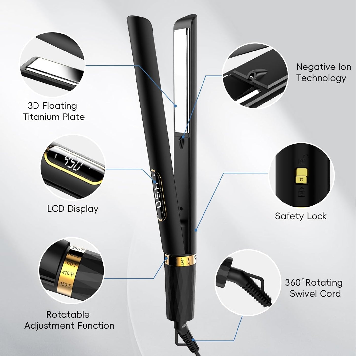 Nicebay Hair Straightener and Curler Fast Heating Titanium Iron with 5 Temp Settings and Negative Ion Technology, Travel-Friendly