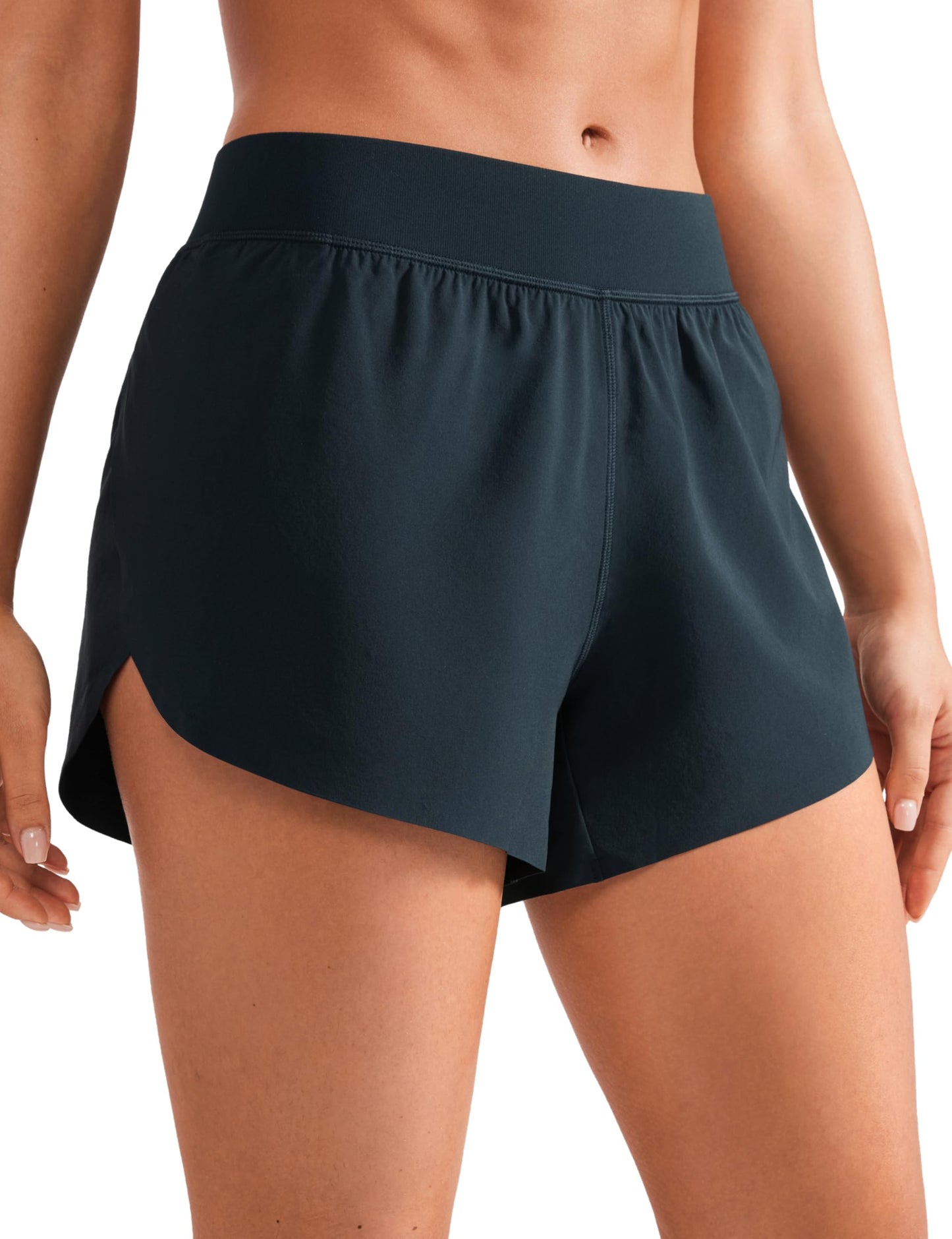 CRZ YOGA Mid Waisted Dolphin Athletic Shorts for Women Lightweight High Split Gym Workout Shorts with Liner Quick Dry True Navy XX-Small