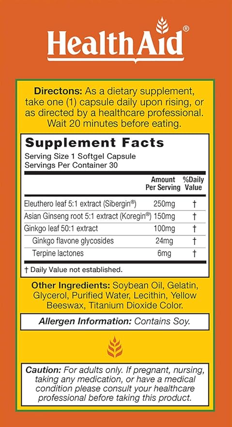 Ginkgo Vital 3 with Siberian Eleuthero and Ginseng, Once Daily, 30 Softgel Capsules, Helps Increase Blood Circulation and Promote Mental Clarity, Alertness, and Focus