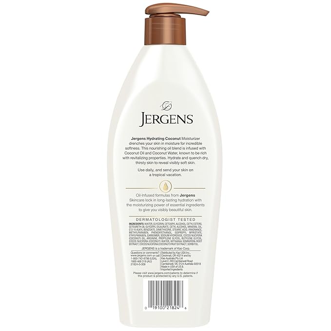 Jergens Hydrating Coconut Body Lotion, Hand and Body Moisturizer, Infused with Coconut Oil, Hydrates Dry Skin Instantly, Dermatologist Tested, 16.8 oz, Pack of 3