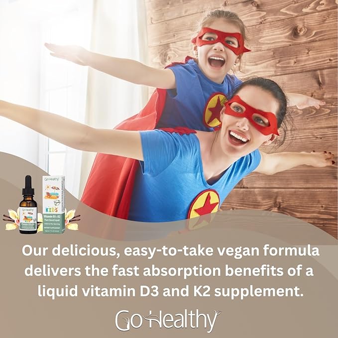 Go Healthy Vitamin D3 K2 (MK-7) All-Trans Drops for Kids - Easy-to-Absorb Vegan D Liquid, Children's Growth & Immune Support, Gluten Free, Delicious Vanilla Flavor - 30 Servings