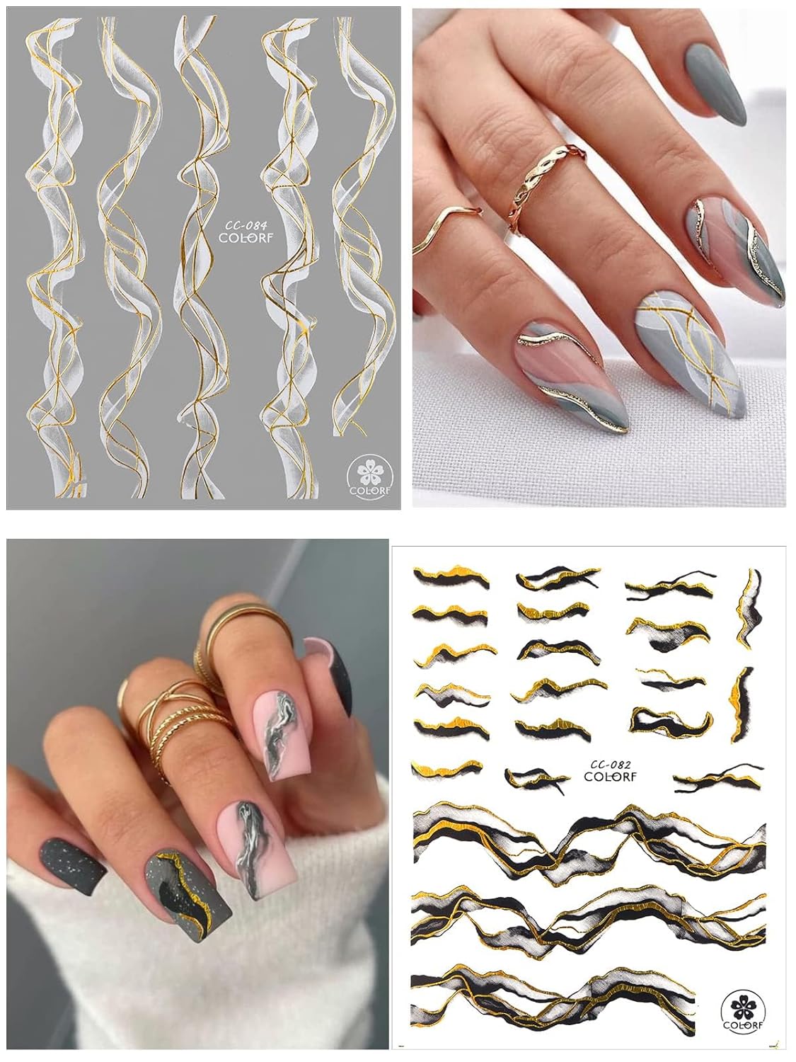 TOROKOM 12 Sheets Nail Art Stickers Decals,Self-Adhesive Black White Gold Stripe Line Nail Decals Marble Wave Nail Sticker Supplies for 3D Nail Design Nail Accessories for Women French Nail Decoration