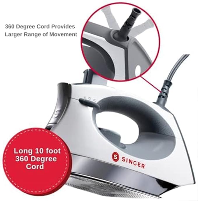 SINGER SteamCraft Steam Iron (1700W) | Steamer with Stainless Steel Plate, OnPoint Precision Tip for Hard-to-Reach Areas, Vertical Steam, Auto Shutoff & 300ml Tank Capacity – White
