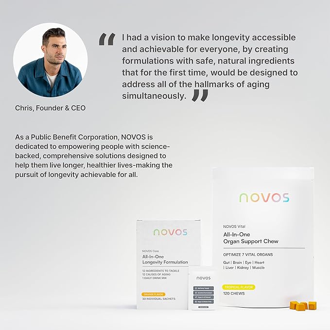 NOVOS Core Longevity Mix, Anti-Aging Supplement, Drink Powder Packet Unflavored - Skin Support, Energy, Mood Support, Sleep and Cognition Support - 30 Servings
