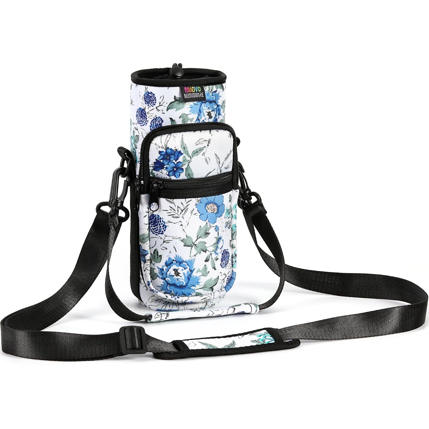 Nuovoware Water Bottle Carrier Bag, 25oz/32oz Bottle Pouch Holder, Adjustable Shoulder Hand Strap 2 Pocket Sling Neoprene Sleeve Sports Water Bottle Accessories for Hiking Travelling Camp, White+Blue