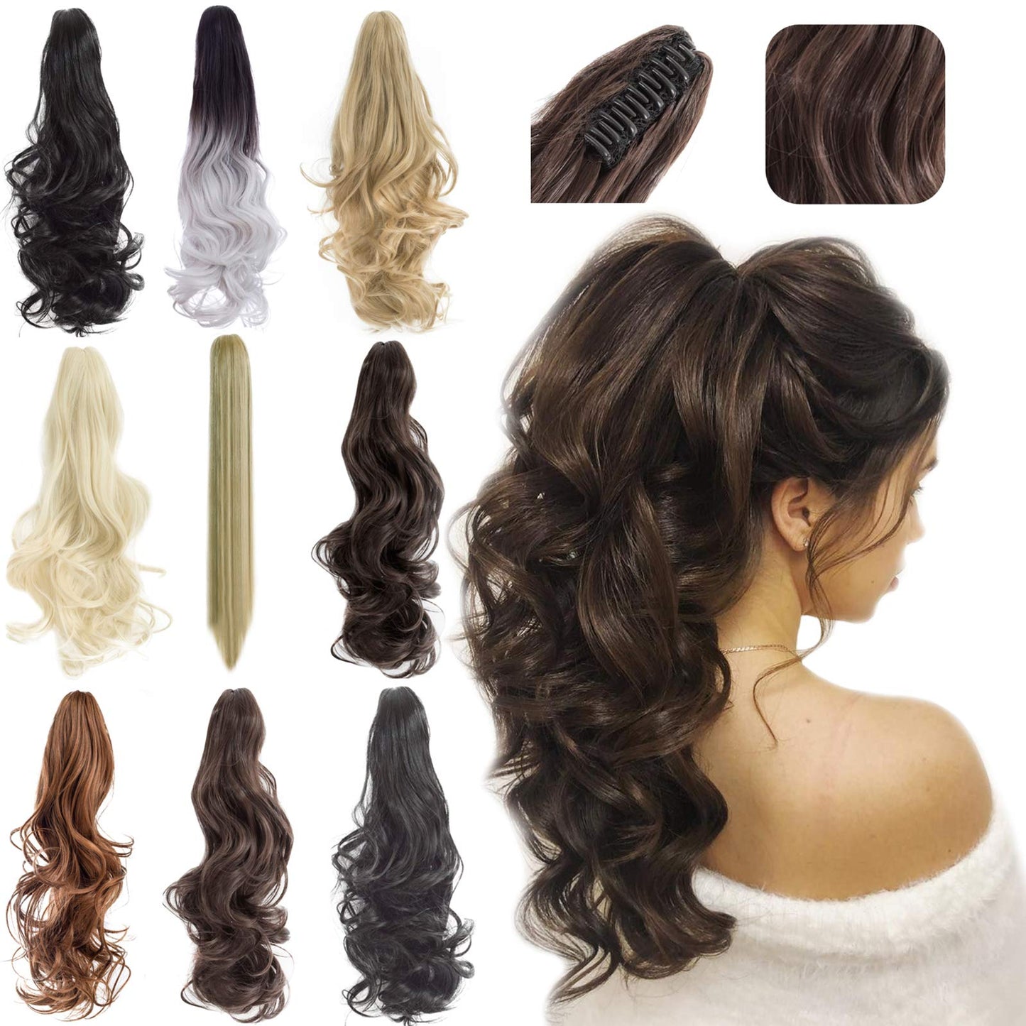 FELENDY Ponytail Extension Claw 18" 20" Curly Wavy Straight Clip in Hairpiece One Piece A Jaw Long Pony Tails for Women Dark Brown