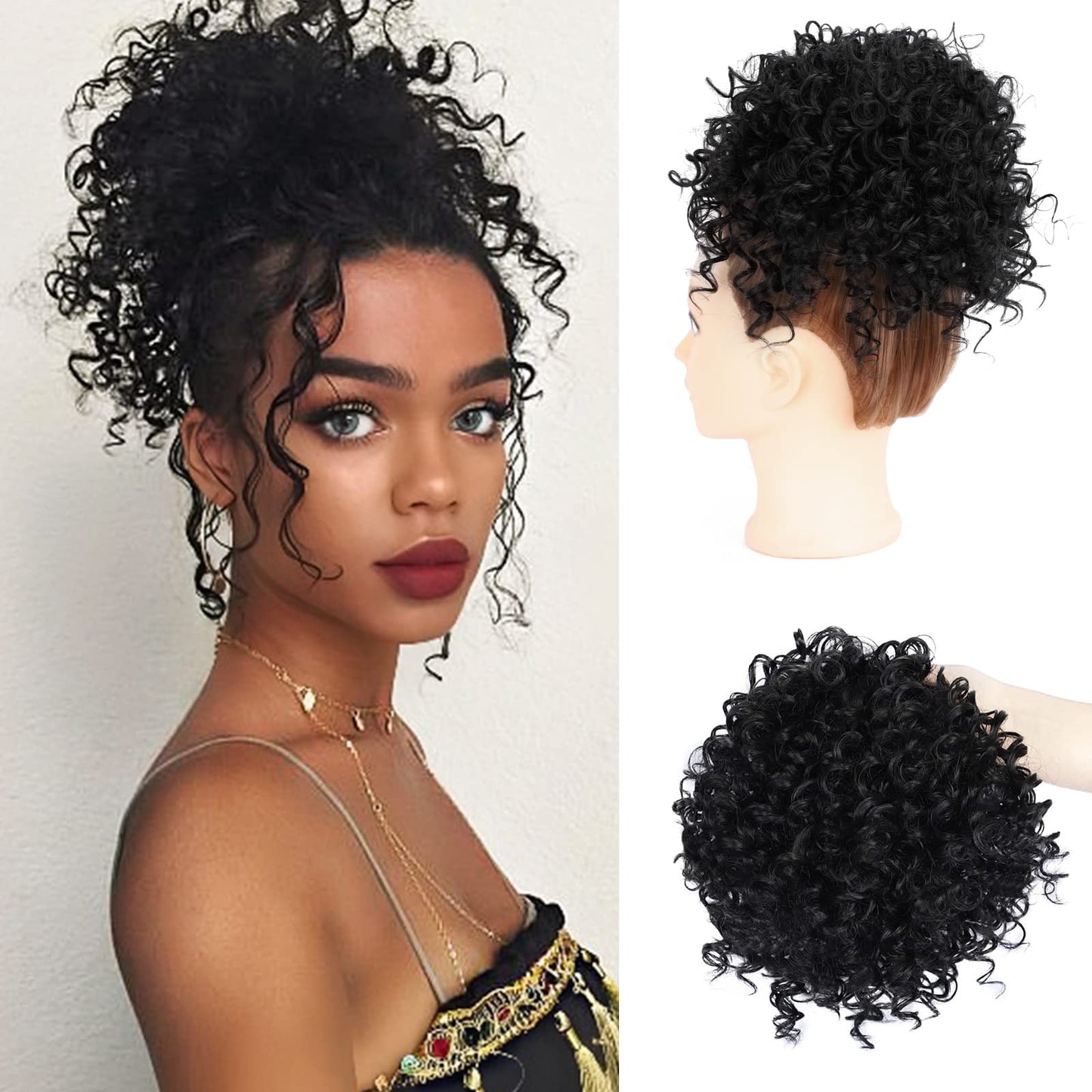 DOROJJ Curly Drawstring Ponytail for Black Women Curly hair Bun Drawstring Ponytail Extension for Women Synethetic Curly Messy Hair Bun Ponytail Drawstring Ponytail for Daily Use (Natural Black)