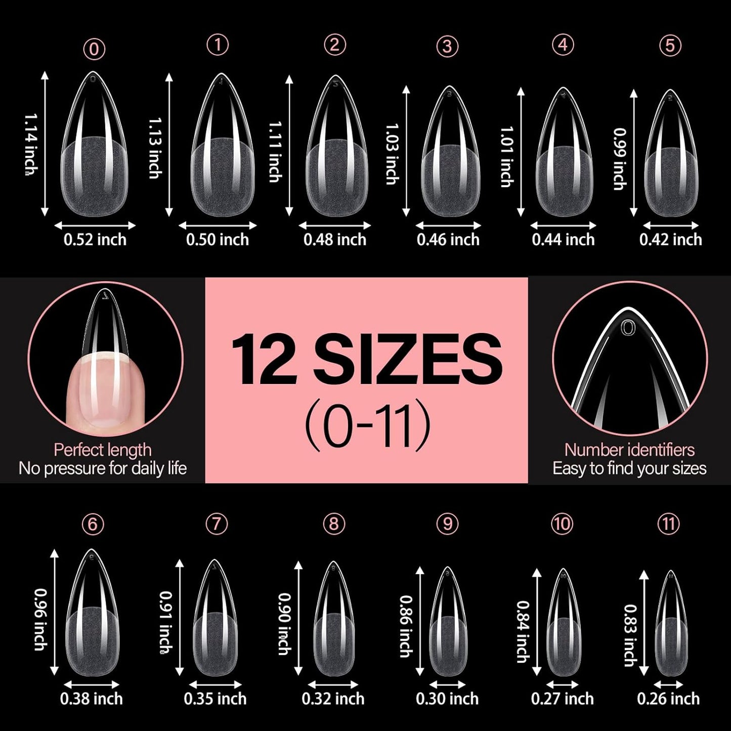 AILLSA Long Almond Nail Tips Full Cover Clear Gelly Nails Tips Half Matte Acrylic Tips Pre-Filed Fake Press on Nail Tips for Extension Home DIY Salon Manicure 216PCS 12 Sizes