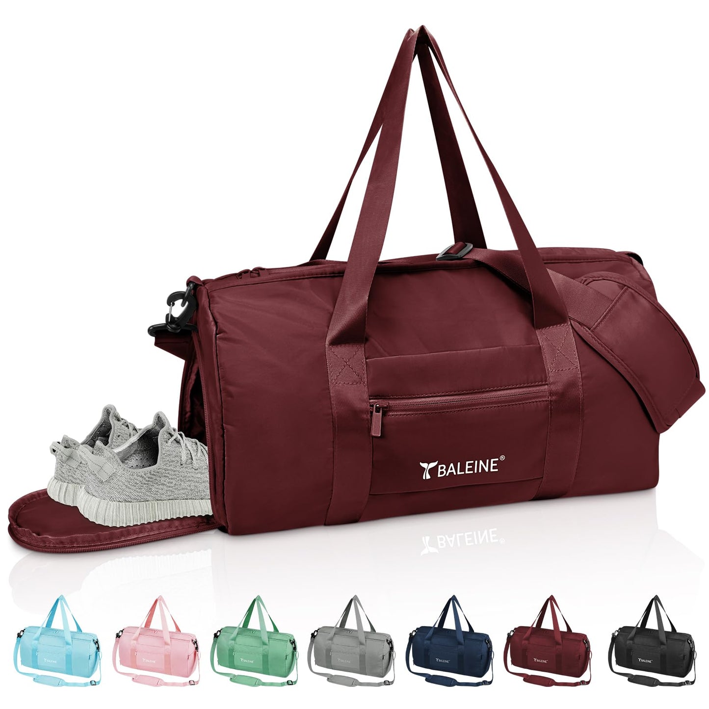BALEINE Gym Bag for Women and Men, Small Duffel Bag for Sports, Gyms and Weekend Getaway, Waterproof Dufflebag with Shoe and Wet Clothes Compartments, Lightweight Carryon Gymbag (Red)