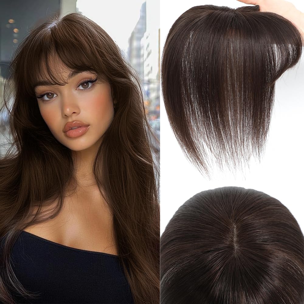 Hair Toppers for Women Real Human Hair, 3D Cover Clip in Bangs Realistic Scalp Line Human Hair Toppers for Women with Thinning Upgrade Basement with Wispy Bangs (Mocha Brown, French)