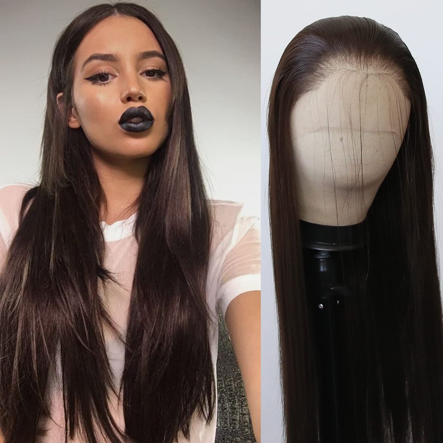 BTWTRY Dark Brown Synthetic Lace Front Wig Long Straight Chocolate Brown Lace Front Synthetic Wig Pre Plucked Natural Hairline Glueless Heat Resistant Fiber Hair Wig for Fashion Women