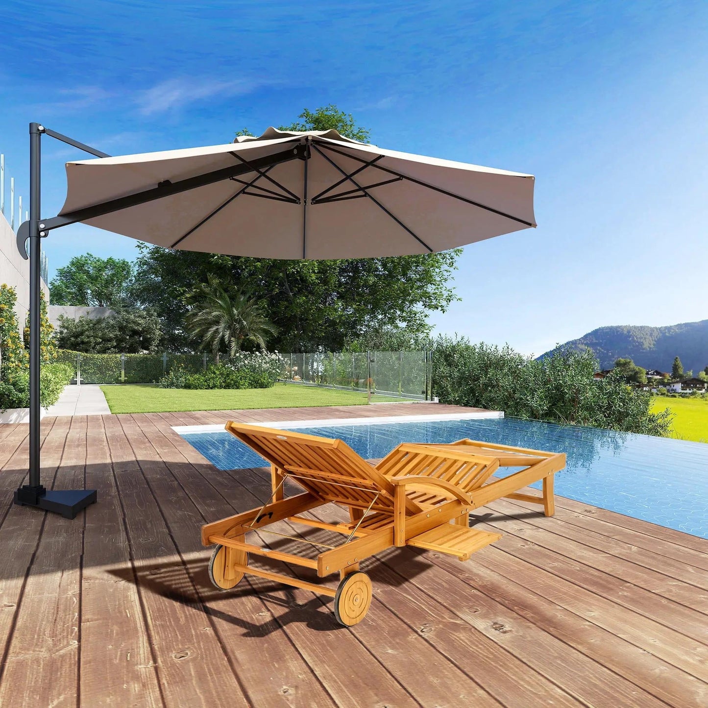 Resenkos Premium 4Level Adjustable Tanning Chair With Wheels, Acacia Wood Patio Lounger, Teak