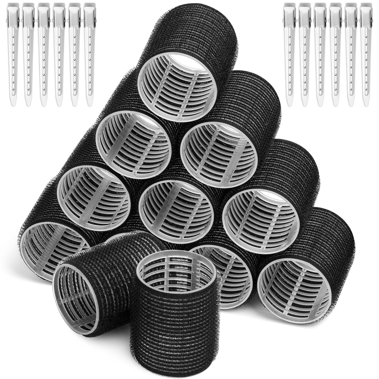 Big Self-Grip Hair Curlers Rollers with Stainless Steel Duckbill Clips for Long, Medium, Thick Hair and Bangs Volume (Black)