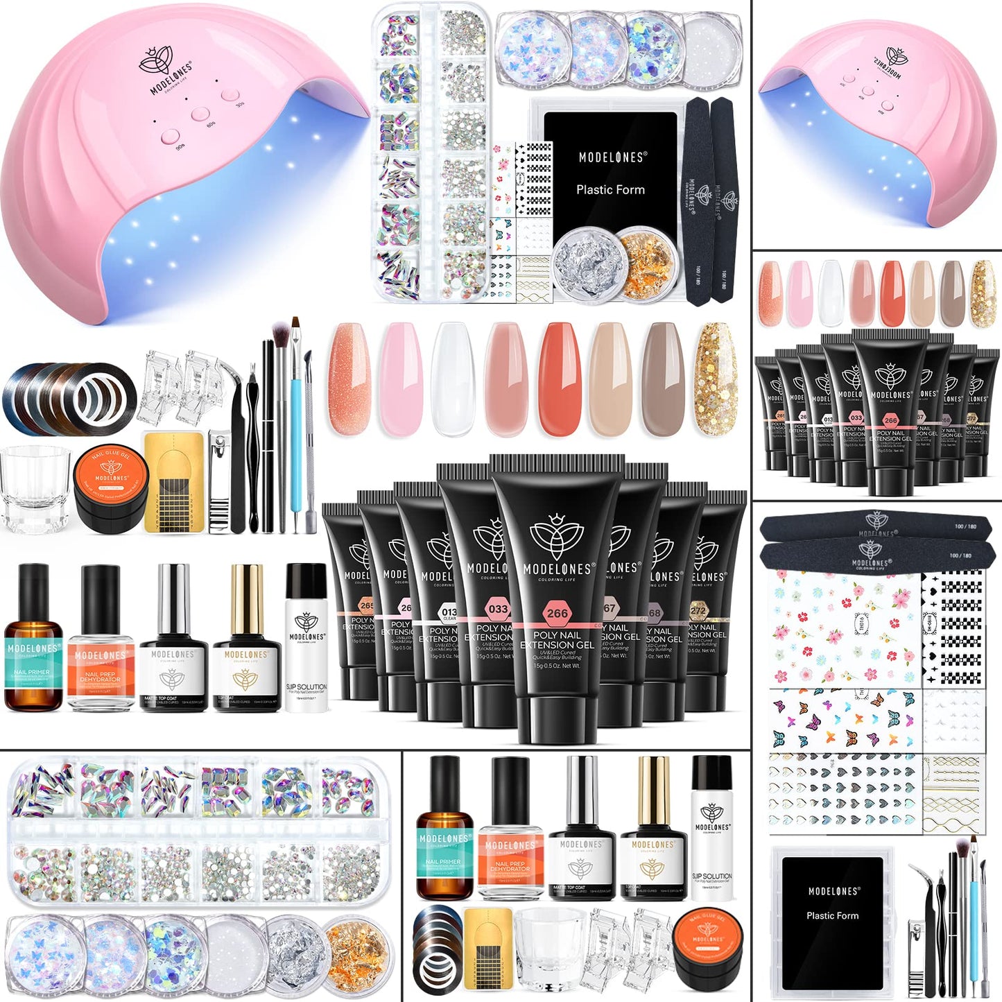 Modelones Poly Nail Gel Kit with 48W U V/LED Lamp 8 Fall Colors Clear Orange Pink Brown Glitter Extension Builder Gel Complete Art Tools Manicure Professional Starter Supplies DIY at Home