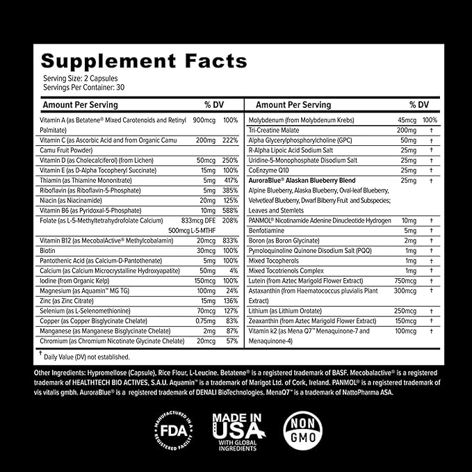 Whole Food Daily Essential Multivitamins for Adults and Seniors - 2X a Day - Vitamin A, C, D, E, B12 and Minerals - Natural and Holistic Support (60 Capsules)