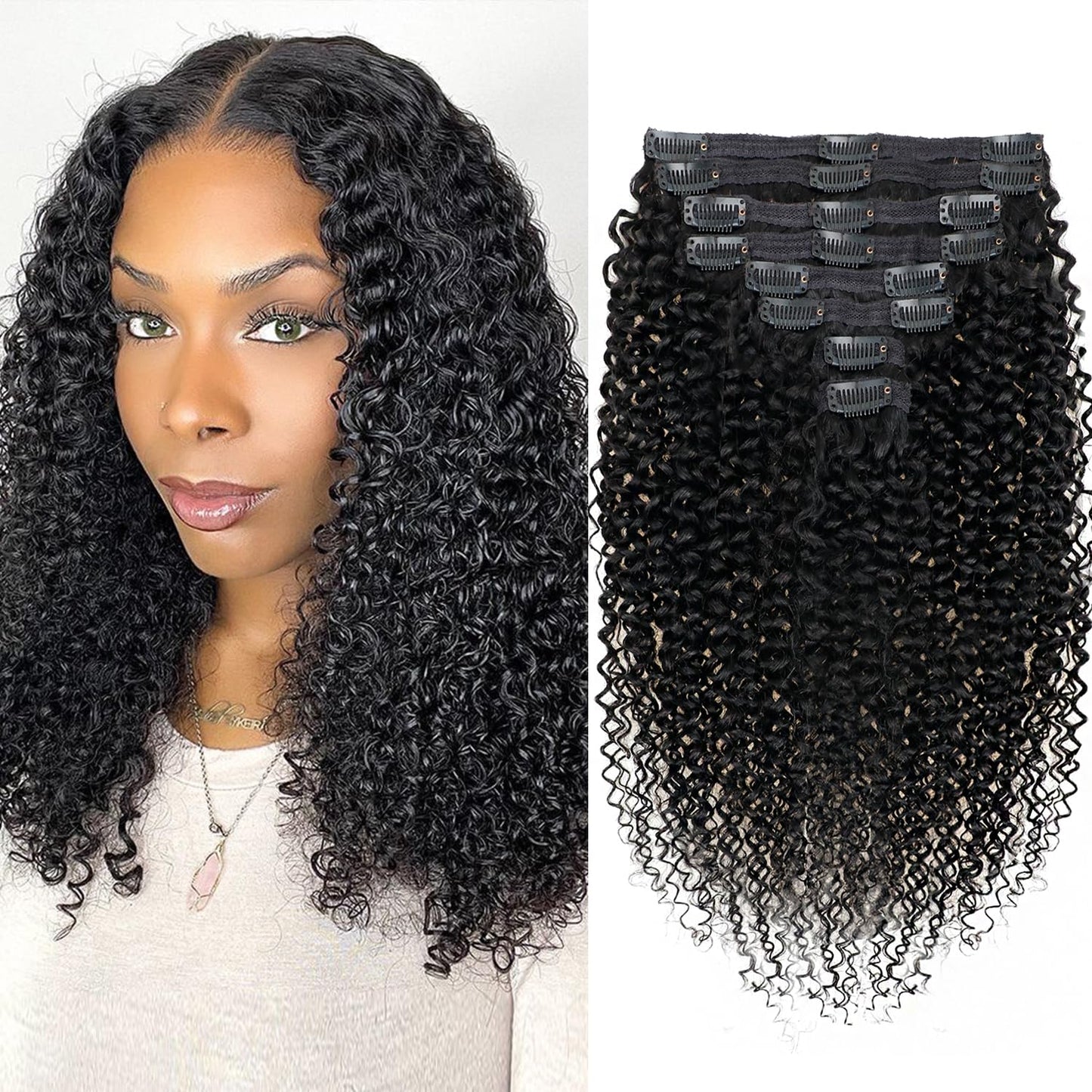 3C 4A Curly Clip in Extension Human Hair Kinky Curly Clip Ins for Women Brazilian Remy Human Hair Extensions #1B Color 8 Pcs with 18 Clips 120g/Set (14 inch)