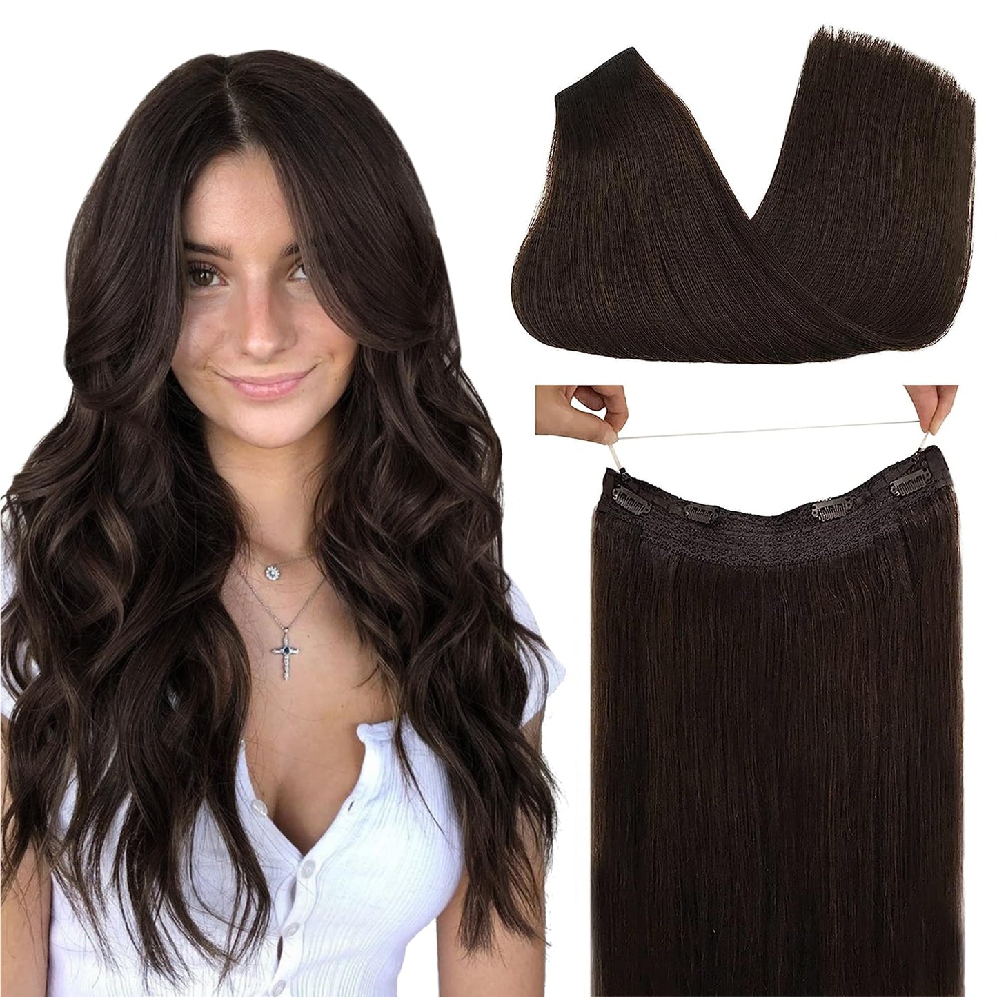 GOO GOO Wire Hair Extensions Human Hair, 2A Light Brown Natural 12inch 70g, Invisible Wire Hair Extensions with Transparent, Seamless Fish Line Hairpiece