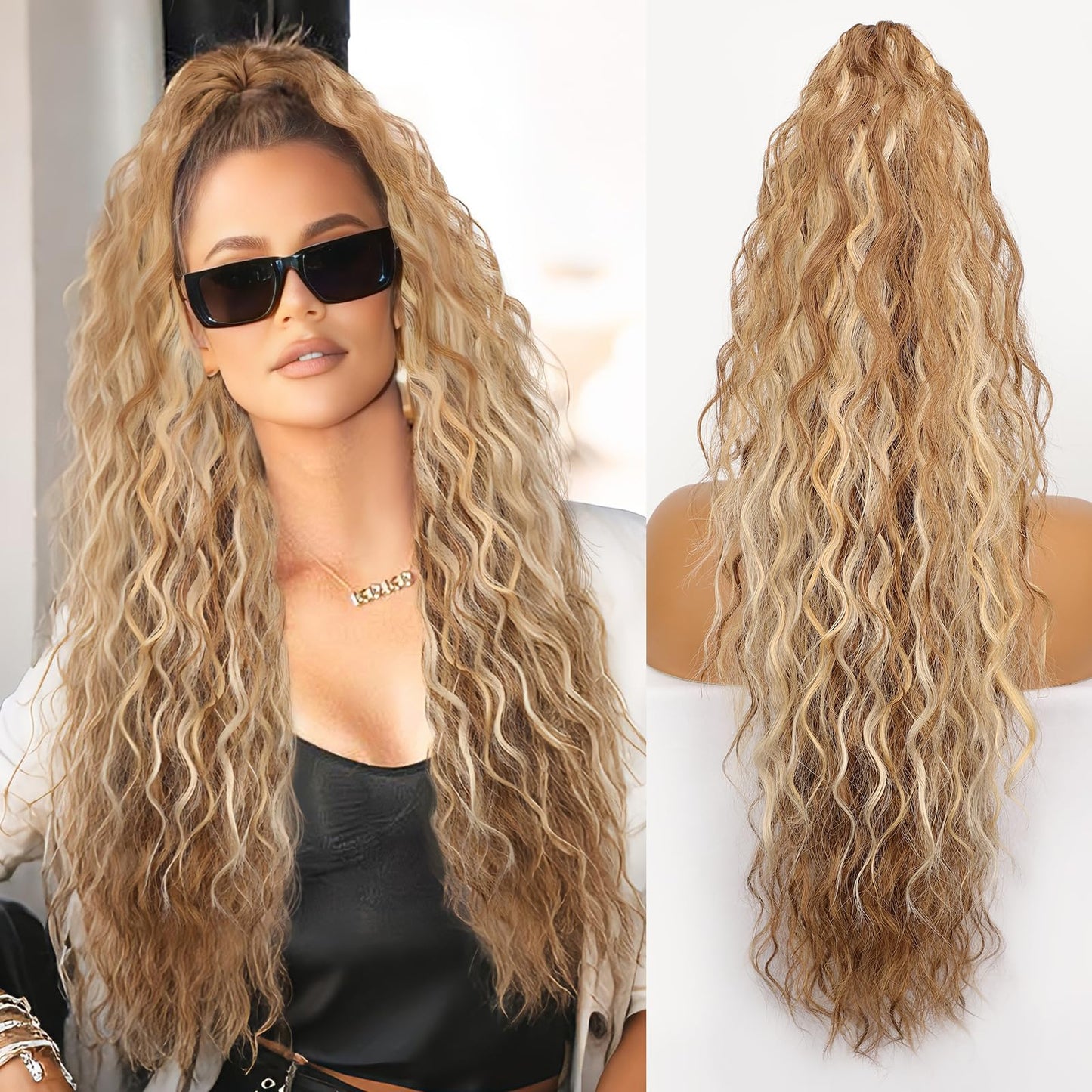 ORSUNCER Ponytail Extension Claw 30" Curly Pony Tail Clip in Claw Hair Extensions Fluffy Natural Looking Synthetic Hairpiece for Women Light Brown Mix Light Blonde