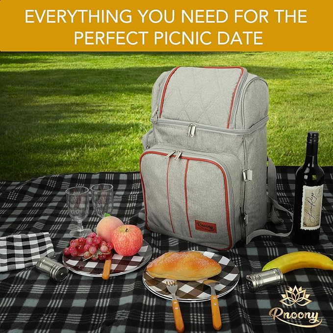 Rnoony Picnic Backpack for Camping, Picnic Basket for with Insulated Cooler Bag and Bottle Pouch,Camping Gifts for Couples with Lightweight Blanket and Cutlery Set for Family, Couple and Hiking