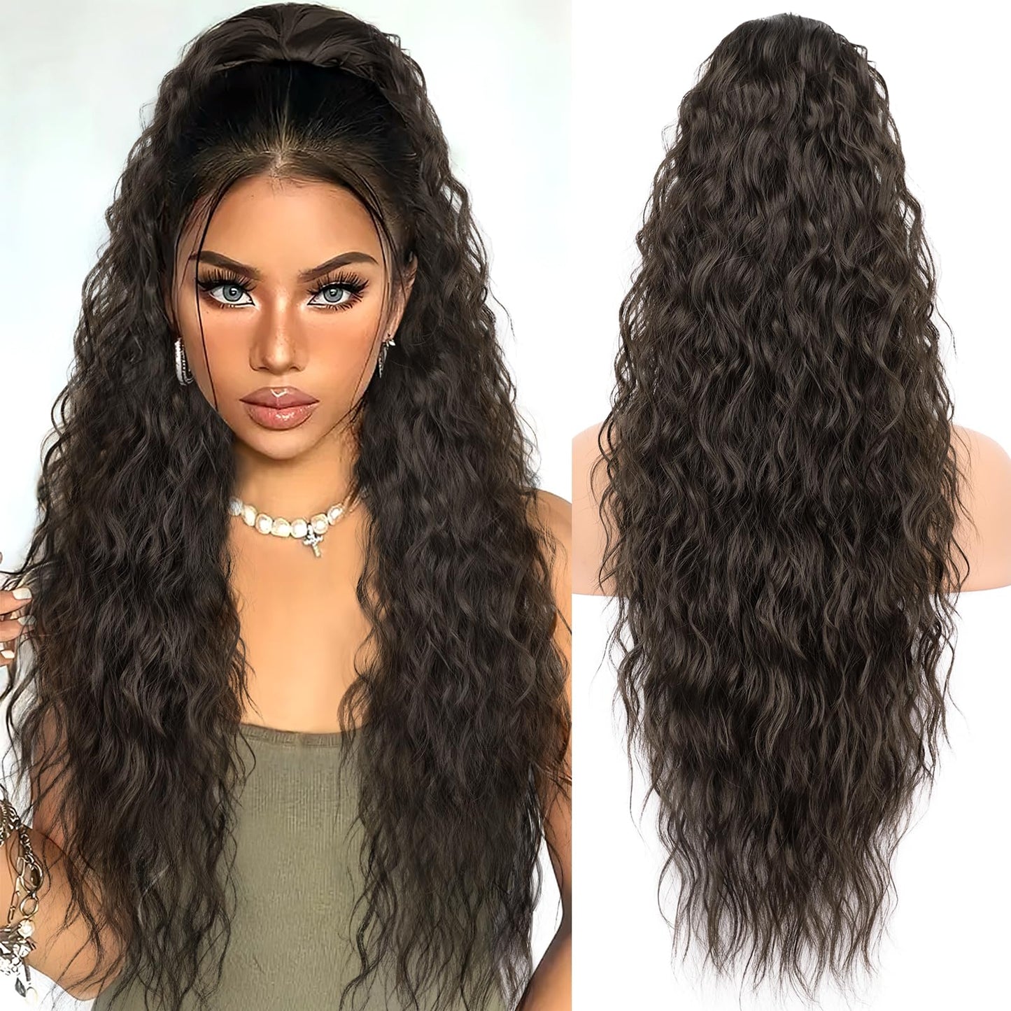 KooKaStyle Ponytail Extensions, 30 Inch Drawstring Clip-on Long Wavy Ponytail Chestnut Brown Synthetic Curly Hairpieces for Women and Girls
