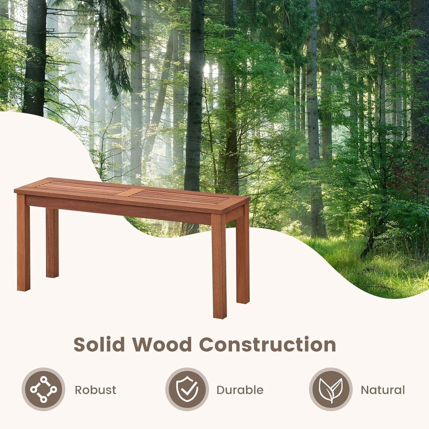 Sycol Outdoor Backless Bench, Patio Dining Bench with Breathable Slatted Seat, 2-Seat Rustic Wood Bench for Entryway, Garden, Backyard, Deck, Natural