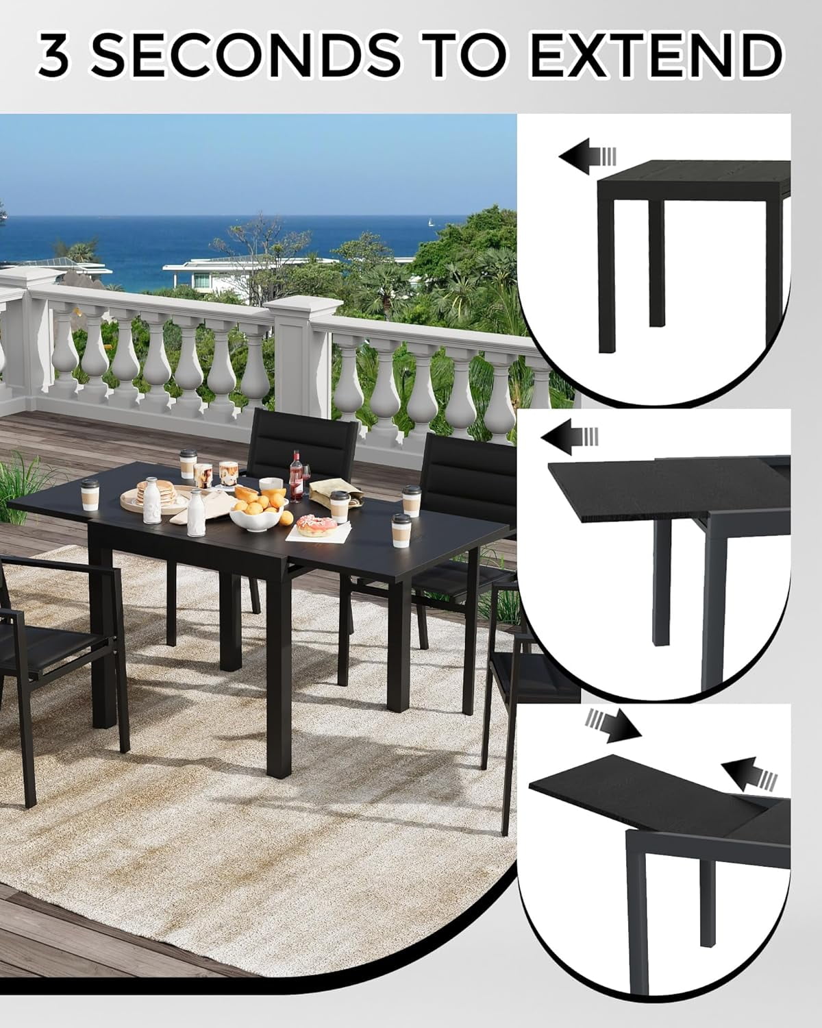 Expandable Outdoor Dining Table – 31"-63" Adjustable Patio Table for 4-6 People, Aluminum Frame with Wood Grain Finish, Ideal for Backyard and Deck, Grey