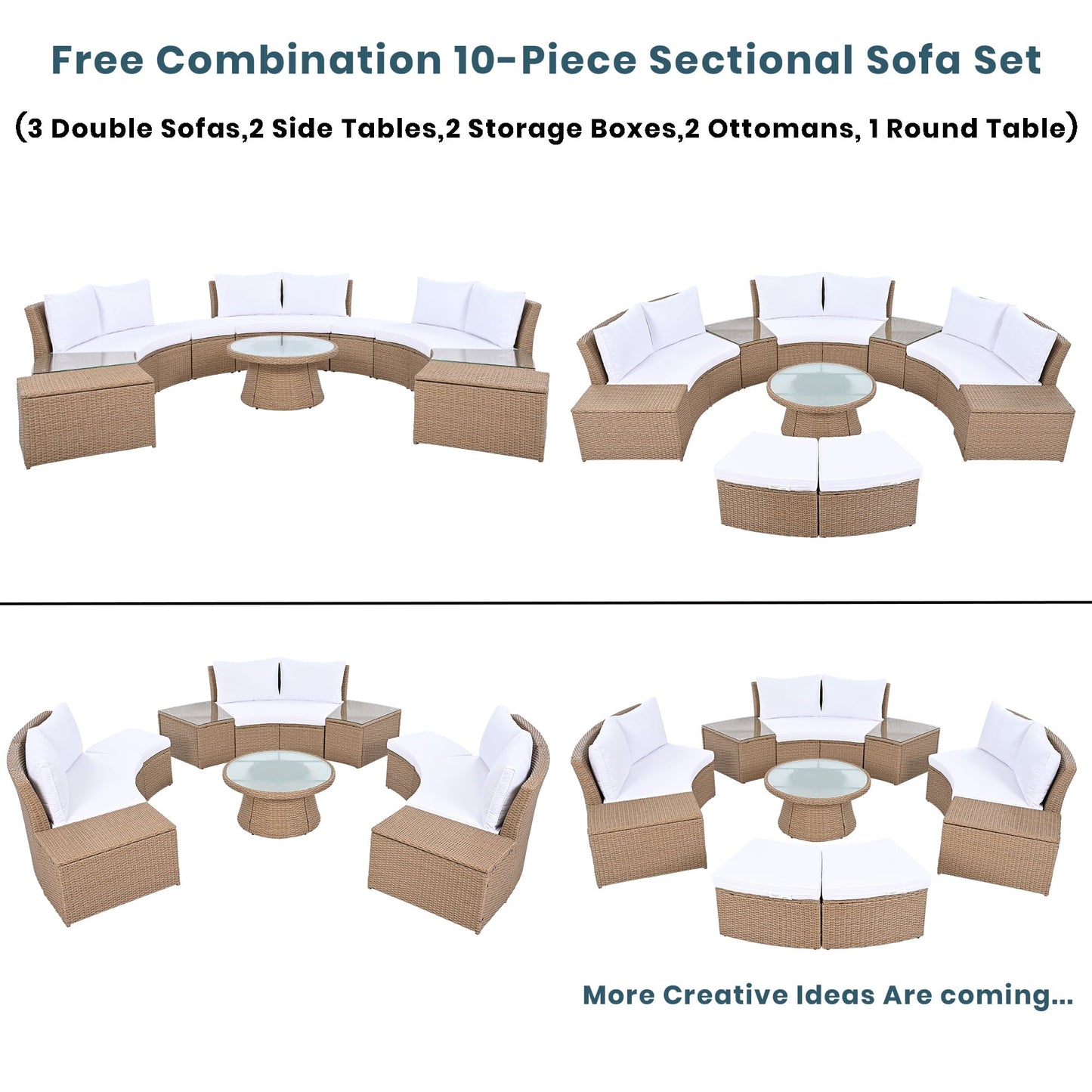 Olurrisa 10-Piece Outdoor Sectional Half Round Patio Rattan Sofa Set, PE Wicker Conversation Furniture Set for Free Combination, White