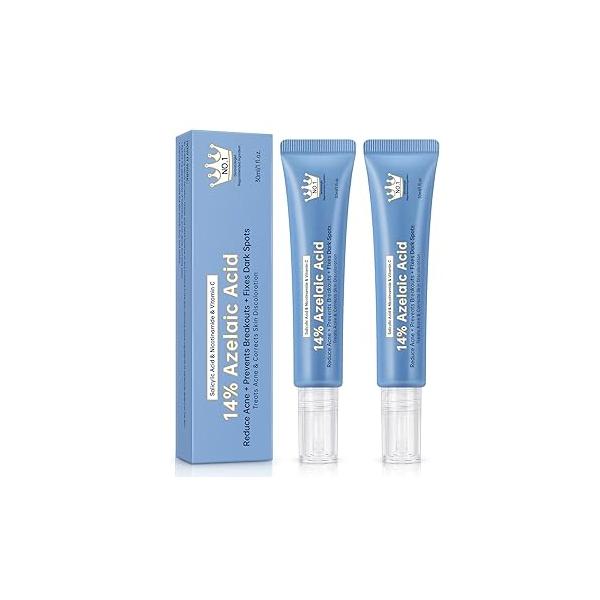Azelaic Acid 14% Acne Cream for Redness Relief, Dark Spots, Facial Serum with Niacinamide & Vitamin C Prevent Breakouts, Balance Excess Sebum Soothe Irritation, 1 Oz.