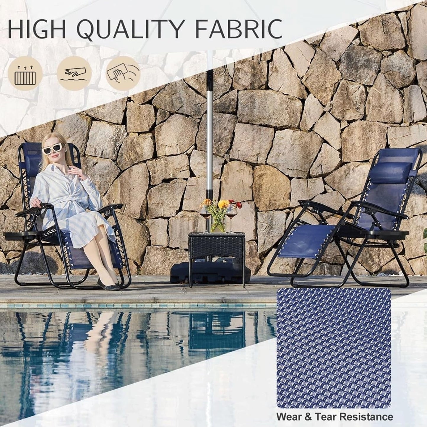 Atilioo Zero Gravity Chairs Set of 2, Adjustable Folding Recliner, Portable Lounge Chair with Steel Frame, Mesh Fabric, Cup Holder Trays & Pillow for Beach, Camping & Patio, Blue